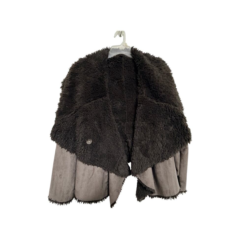 Fever Faux Fur Open Front Jacket L Brown Sherpa Lined Asymmetrical Hem Cozy - Picture 2 of 11